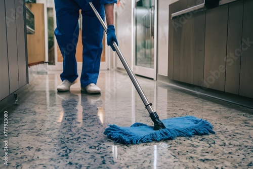 Floor being cleaned with blue mop cloth, emphasizing hygiene and cleanliness photo