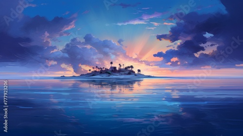 A small island in the middle of the ocean under a sky painted with multiple colors