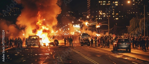 A dramatic scene of a protest with burning tires and a large crowd gathered in an urban setting at night.