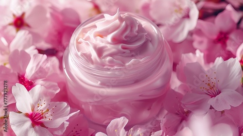 A luxuriously whipped skincare cream presented in a jar amidst cherry blossom petals