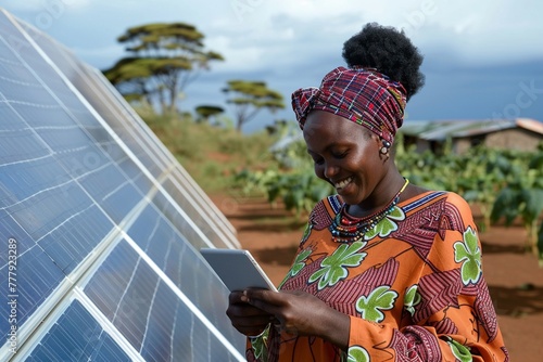 A joyful African woman using a digital tablet next to solar panels in a rural setting.