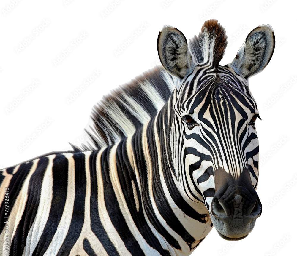 Fototapeta premium A zebra is looking at the camera with its head tilted, cut out - stock png.