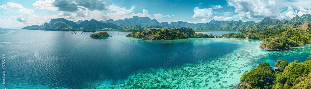Stunning aerial shot of a lush tropical archipelago with clear turquoise waters surrounded by mountains.