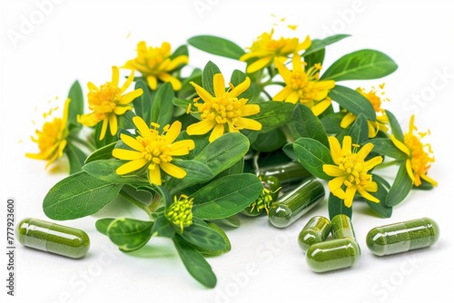 Herbal medicine concept with green St. Johns Wort plants and capsules isolated on white background. photo