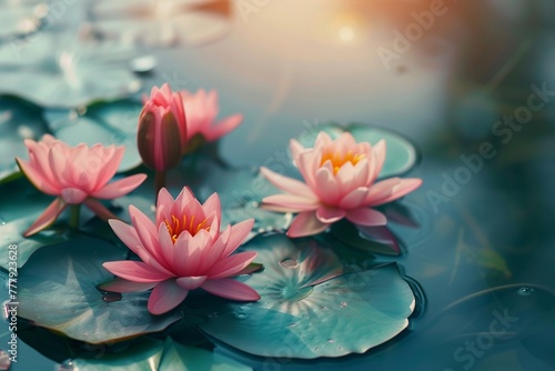 Pink lotus flowers blooming beautifully on a tranquil pond