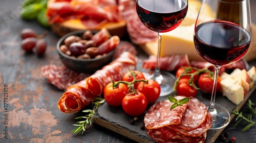 Red wine glasses with a charcuterie board featuring cheese meats