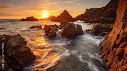 Vertical long exposure shot of the seascape in guernsey during sunset
