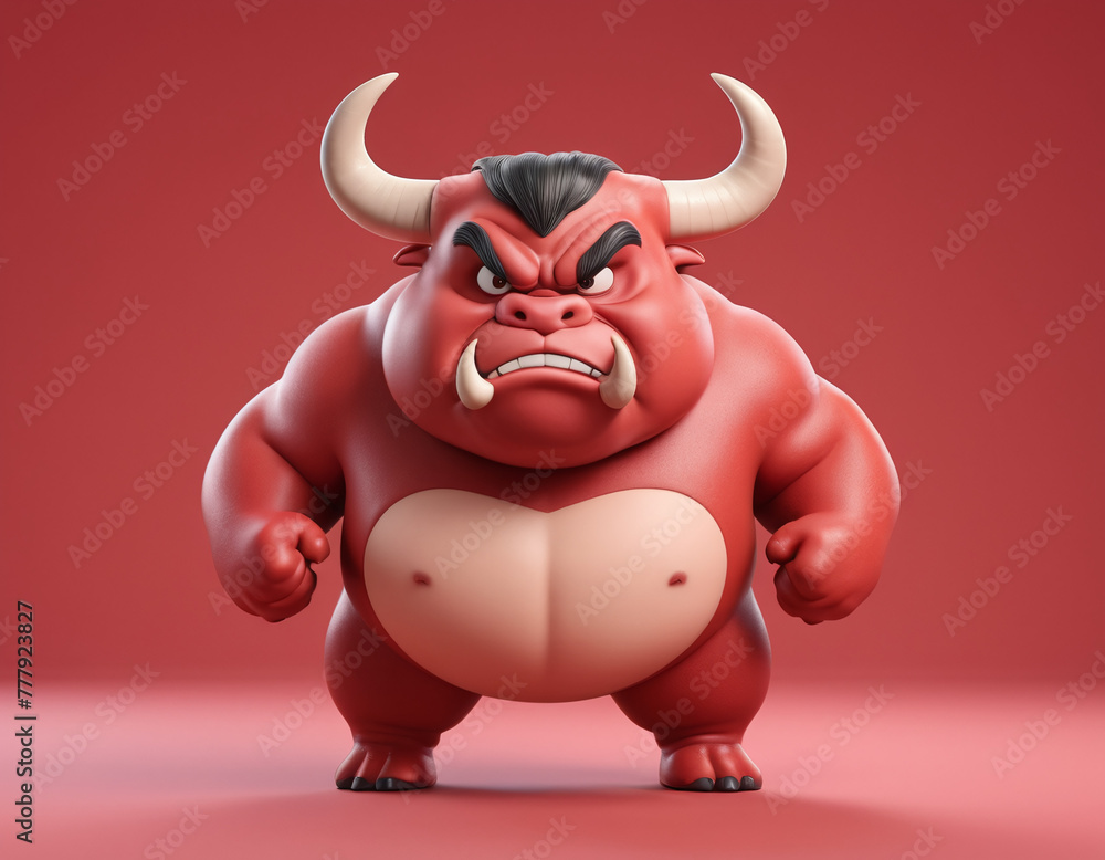 3D render cute humanoid character mascot animal angry mad bull with horn, isolated in red background 3D render cute humanoid character mascot animal angry mad bull with horn, isolated in red background
