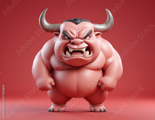3D render cute humanoid character mascot animal angry mad bull with horn, isolated in red background