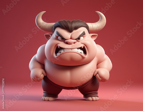 3D render cute humanoid character mascot animal angry mad bull with horn, isolated in red background