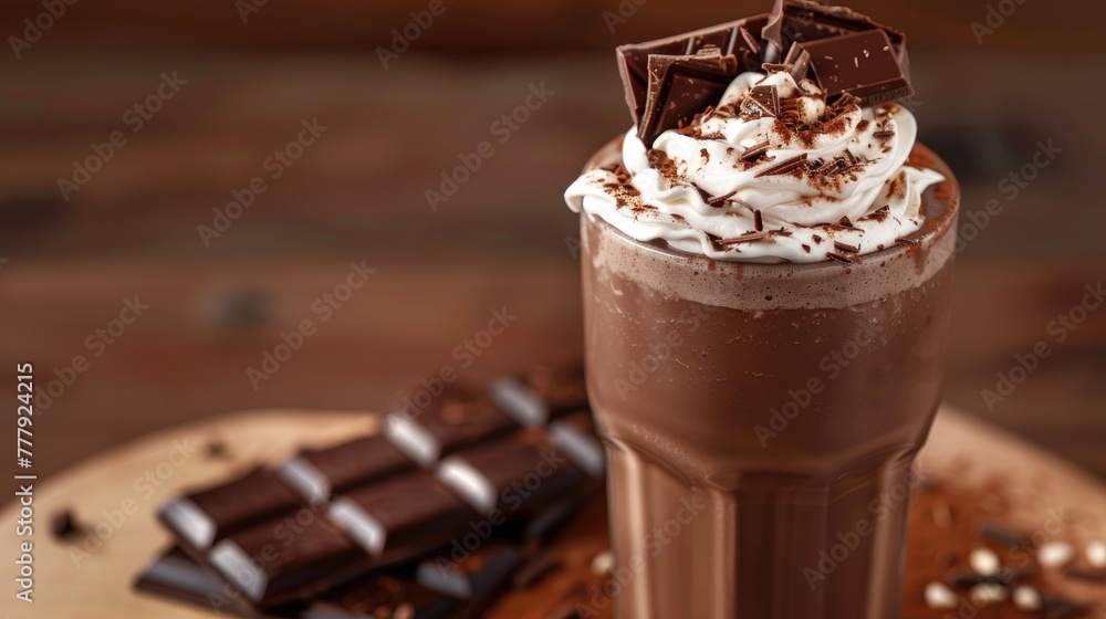 Chocolate milkshake with whipped cream and a chocolate bar garnish Chocolate milkshake with whipped cream and a chocolate bar garnish