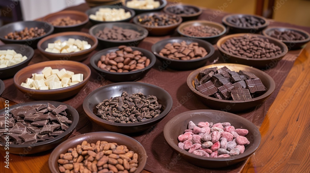 Chocolate tasting event with a variety of origins and cocoa percentages displayed Chocolate tasting event with a variety of origins and cocoa percentages displayed