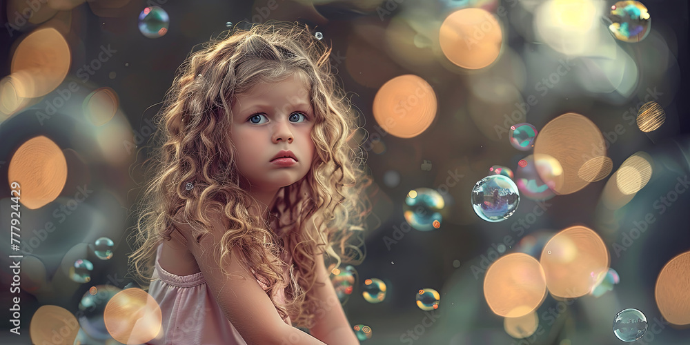 young girl with long curly blonde hair sits on the ground surrounded by bubbles, generative AI