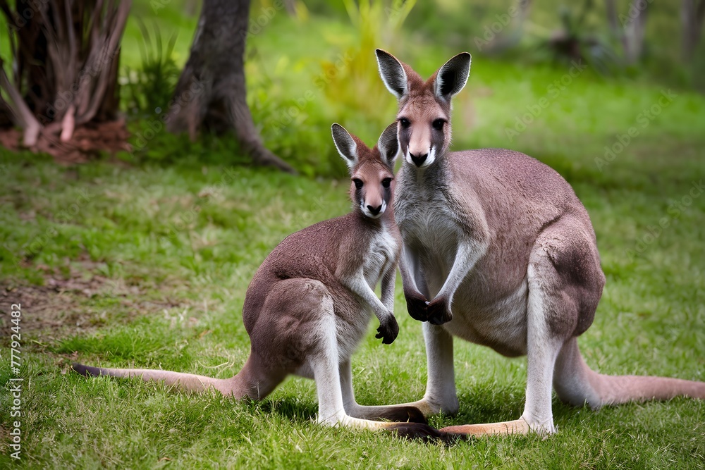 Heartwarming portrait of kangaroo mother and son in natural habitat Heartwarming portrait of kangaroo mother and son in natural habitat