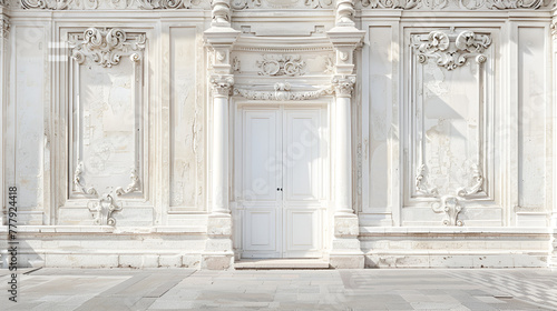 white classic wall with doorb Classic interior walls with copy space.White walls with ornated  mouldings and classic cornice.Classic door.Floor parquet.Digital Illustration.3d rendering, Generative Ai