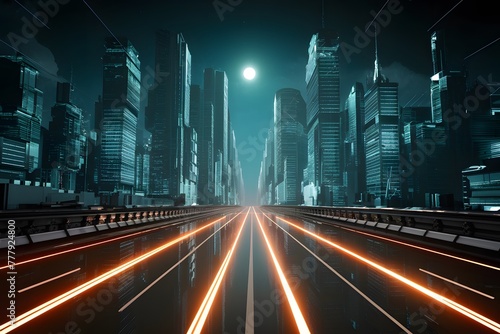 High tech cityscape with glowing roads in midnight sci fi setting