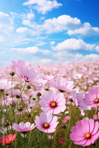 Pink flowers in a field on the background of the sky