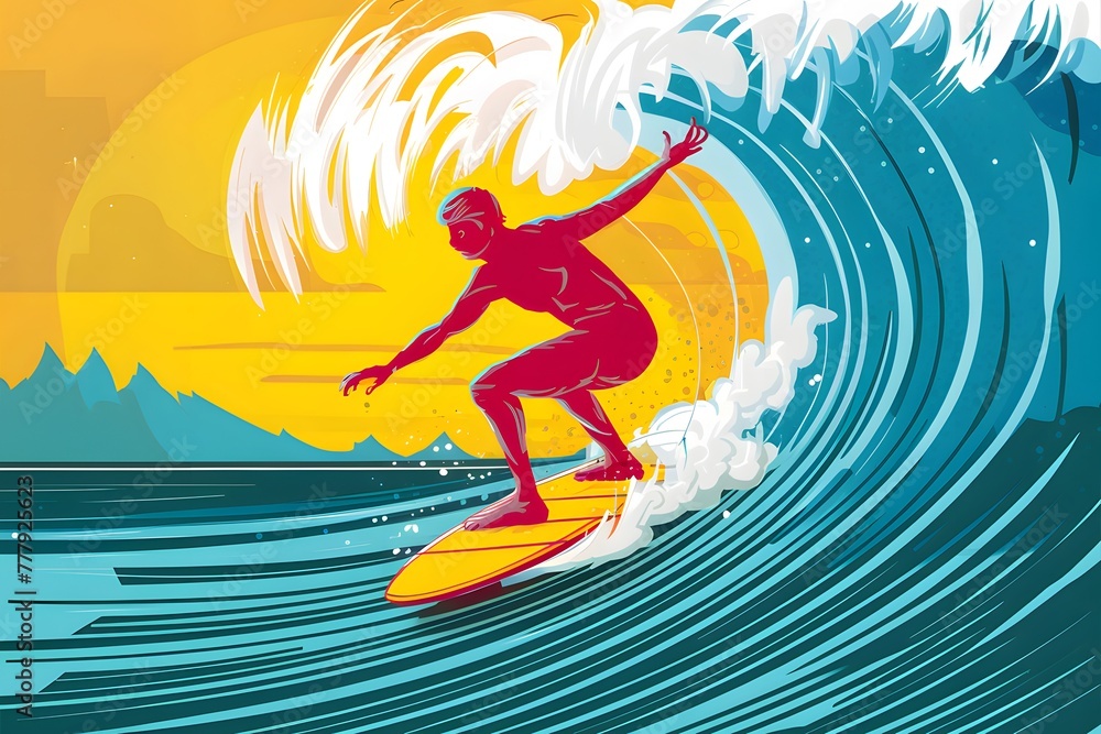 Illustration capturing surfer riding ocean wave with skill and grace