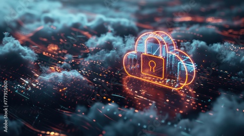 Data cloud with padlock icon floating in the center of it. photo