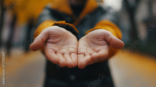 A person holding their hands out in front of them with an open palm ready to receive something