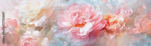 Soft Pastel Peony Blossoms in Watercolor Style