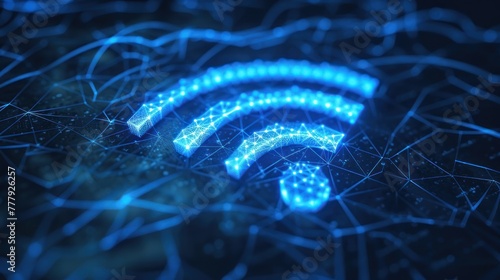 Blue glowing wifi icon on dark background. Technology concept. 3D Rendering