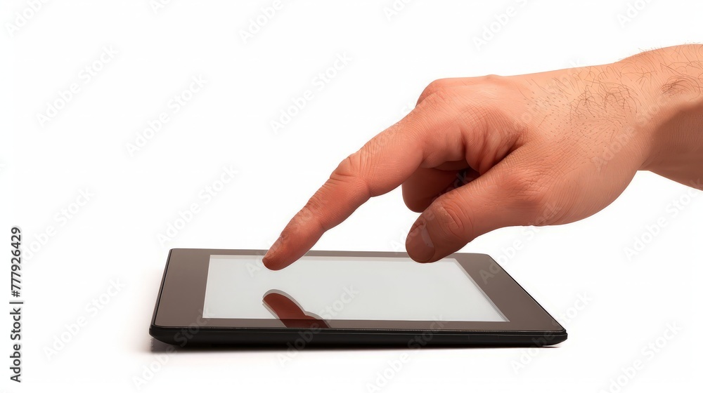a male hand holding a touchpad pc, one finger touches the screen, isolated on white a male hand holding a touchpad pc, one finger touches the screen, isolated on white