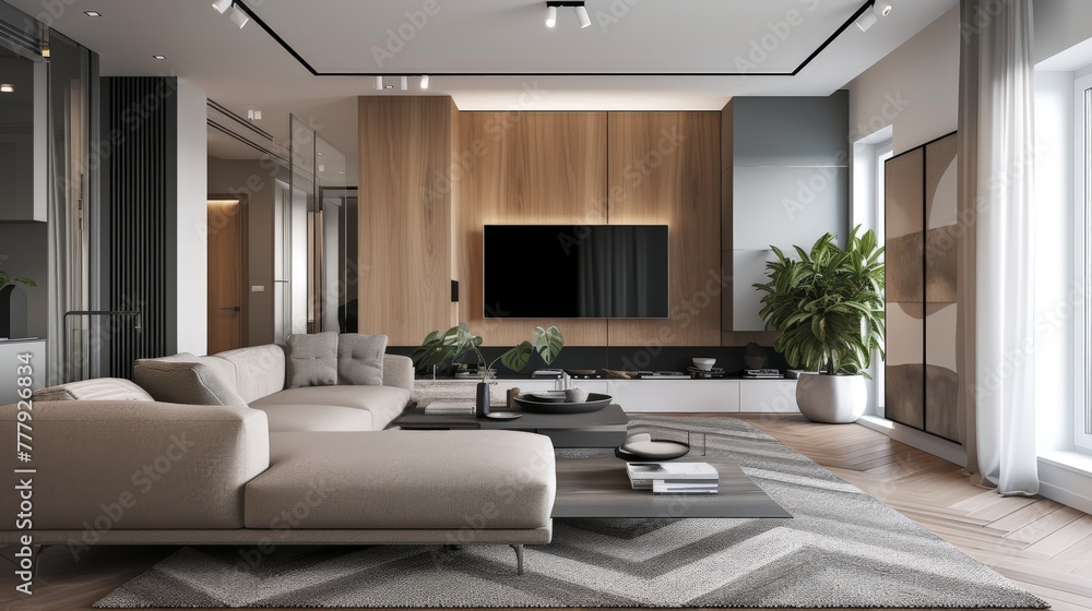 Fototapeta premium In a monochrome living room with wood and grey tiling accents, a chic chevron pattern rug adds a touch of personality and charm to the space