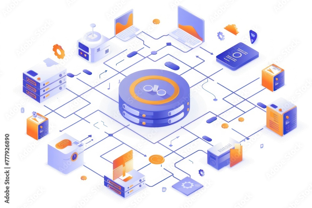 Data center isometric flowchart with server and computer icons on white background vector illustration Data center isometric flowchart with server and computer icons on white background vector illustration