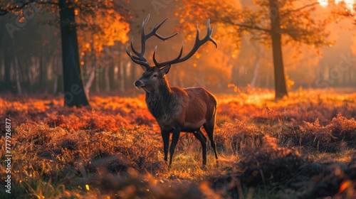 Red deer stag with large antlers in autumn forest