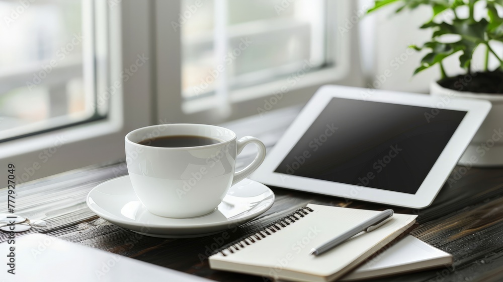 empty tablet pc and a coffee and notebook with pen on the office desk empty tablet pc and a coffee and notebook with pen on the office desk
