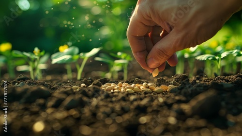 Farmer's hand planting seeds in soil