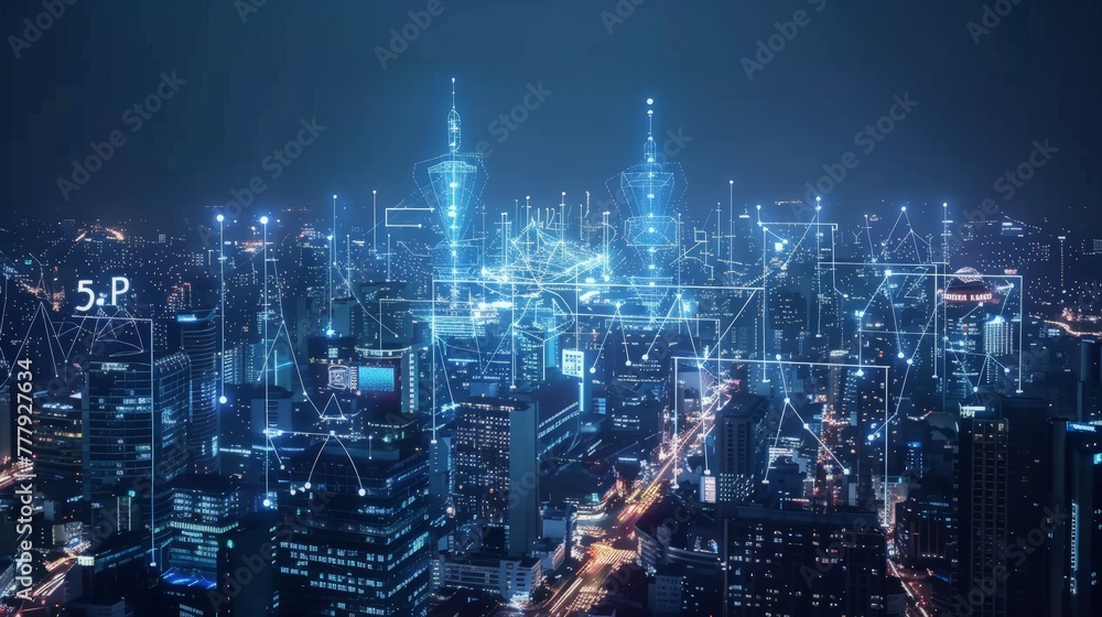 Smart city and communication network concept. . IoT (Internet of Things). Telecommunication.