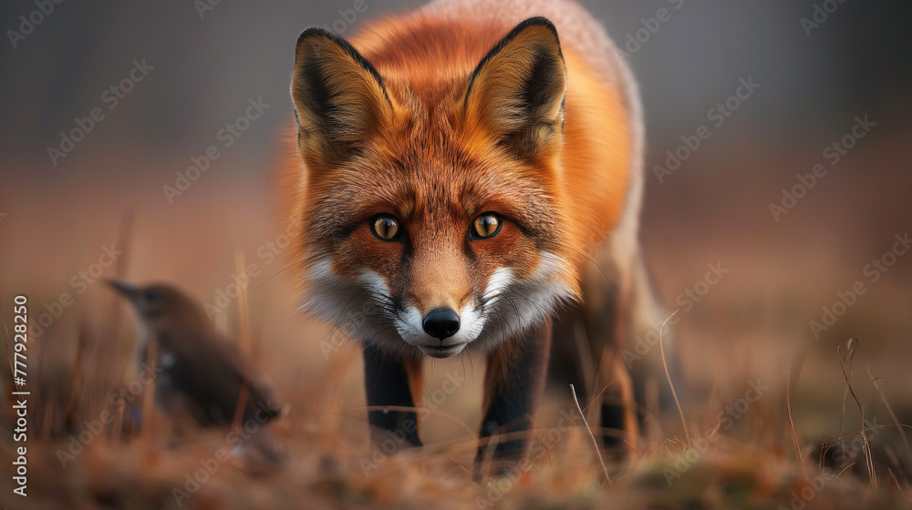 A red fox standing in a field with dry grass, looking directly at the camera.
