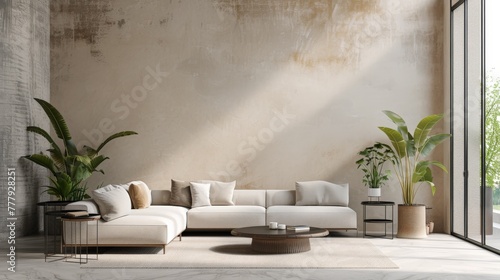 An empty living room with a beige wall, embodying modern elegance with its clean and minimalist interior design