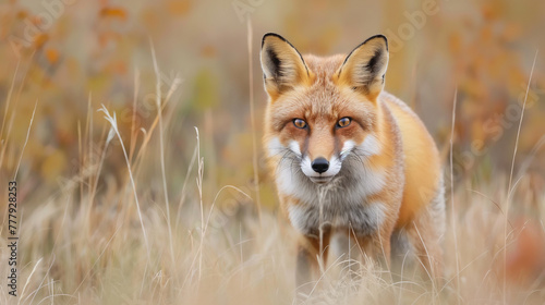 A red fox standing in a field with dry grass, looking directly at the camera. 
