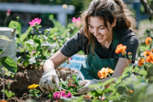 Woman planting gardens flowers agriculture gardener hobby and garden job. © ant