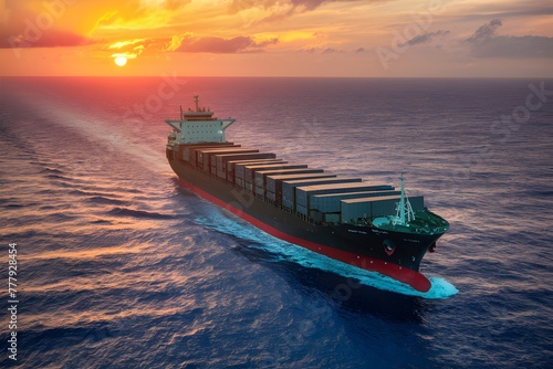 Large transport ship sailing across vast seas, facilitating global trade photo