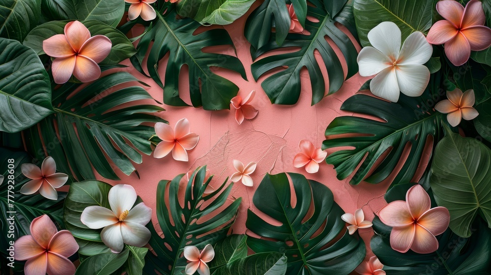 Naklejka premium Elegant tropical botanical frame of green leaves and coral flowers on a soft pink background.