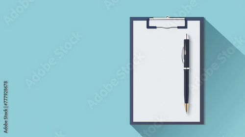 Simplistic Clipboard with Pen on Blue Background with Shadows