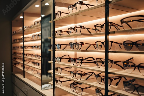 Luxury eyeglass collection elegantly displayed at opticians store