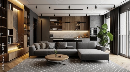 A monochrome living room adorned with wood and grey tiling accents  featuring a stylish chevron pattern rug that adds depth and texture to the space