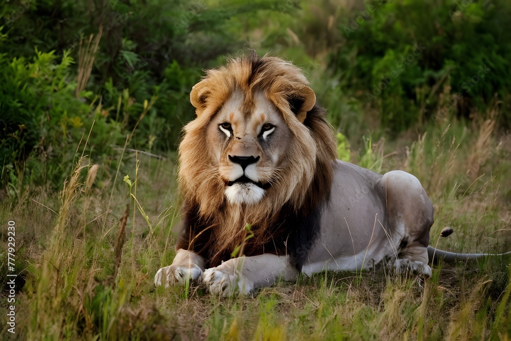 Majestic lion captured in its natural habitat amidst lush wilderness Majestic lion captured in its natural habitat amidst lush wilderness