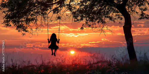Girl on swing at sunset silhouettes. generative ai 