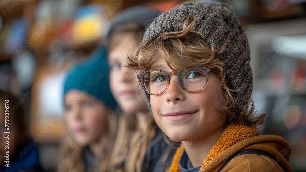 a young boy wearing glasses and a knitted hat a young boy wearing glasses and a knitted hat