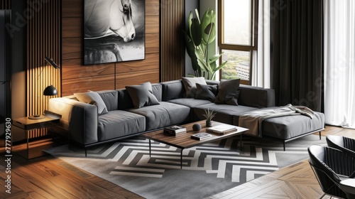 In a monochrome living room with wood and grey tiling accents, a chic chevron pattern rug lends a contemporary flair to the space