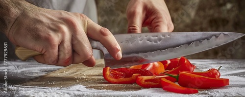 man is cutting fresh red chilies