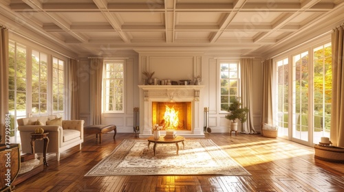 A stunning living room interior featuring rich hardwood floors, a beautifully coffered ceiling, and a roaring fire crackling in the fireplace of a new luxury home photo