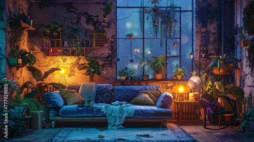 Step into a haven of comfort and style on a cozy summer evening, where the soft glow of twilight bathes the room in warmth, the aroma of freshly brewed coffee tantalizes your senses,  photo