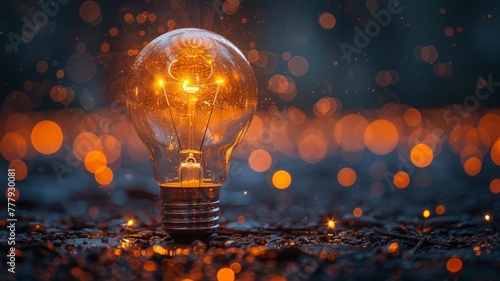 Inspiration, concept, creativity, a light bulb with a lot of lights in the background
